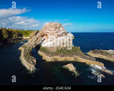 Luftaufnahme von der Drohne des Bow Fiddle Rock in Portknockie am Moray Firth in Moray, Schottland, Großbritannien Stockfoto