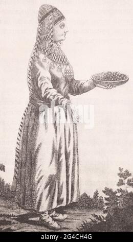 Bashkir-Frau. Stich aus dem 18. Jahrhundert. Stockfoto