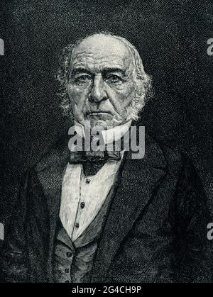 Diese Abbildung aus dem Jahr 1899 zeigt William Ewart Gladstone. Gladstone war ein britischer Staatsmann und liberaler Politiker. In einer mehr als 60-jährigen Karriere war er 12 Jahre lang Premierminister des Vereinigten Königreichs, der sich über vier Amtszeiten von 1868 bis 1894 erstreckt. Stockfoto