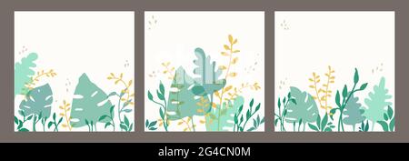 Set aus quadratischen Hintergründen mit Blumendruck. Abstraktes Blumenmuster mit Copy Place. Vektor-Handzeichnung Illustration. Stock Vektor