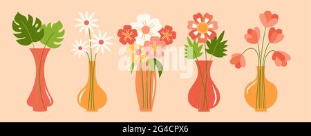 Blumen stilvolles Set in transparenten Vasen mit langen Stielen isoliert auf einem pfirsichfarbenen Hintergrund. Monstera, Tulpen, Kamille, Gerbera. Geeignet zum Bedrucken von Handyhüllen, Kleidung und Stoffen. Stock Vektor