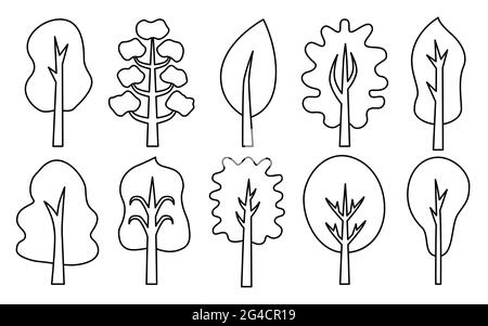 Bäume mit Umriss lineare Silhouette schwarz. Symbole für mobile Anwendung, Website. Vector Flat Style Set. Aufkleber und Etiketten. Scrapbooking. Illustration für ein Buch oder eine Zeitschrift. Werbung. Ökologie. Stock Vektor