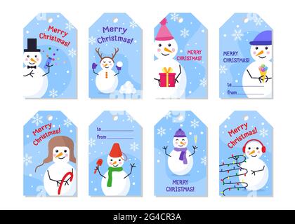 Schneemänner Set von Aufklebern auf weißem isolierten Hintergrund. Jeder Aufkleber hat einen Schneemann in einem Hut, Schal, Girlande, Konfetti, Eis, Geschenk, Schnee. Grußetiketten. Preis. Frohe Weihnachten. Flacher Vektorstil Stock Vektor