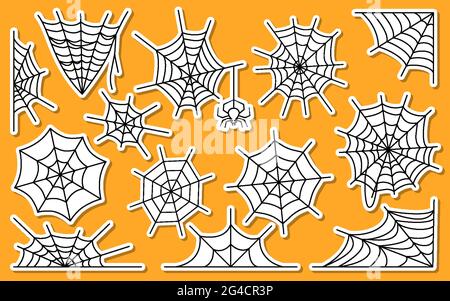 Spider Web Sticker niedliches Set mit weißen Kanten auf orangefarbenem isoliertem Hintergrund. Aufkleber und Aufkleber. Realistischer und abstrakter Zustand. Symmetrische und unebene Formen. Vektor flach. Horror halloween Dekor Stock Vektor