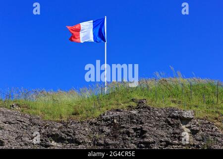 Die französische Flagge, die stolz über Fort Douaumont (Fort de Douaumont) im Ersten Weltkrieg in Douaumont (Meuse), Frankreich, fliegt Stockfoto