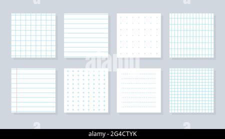 Satz von flachem, unterschiedlichem Papierbogen. Quadratische Vorlagen kariert oder Linienbogen. Copybook-Deckblatt mit blau linierten, Kreuz-, gepunkteten und Gittermustern. Notizbuch für die Schule. Isolierte Vektordarstellung Stock Vektor