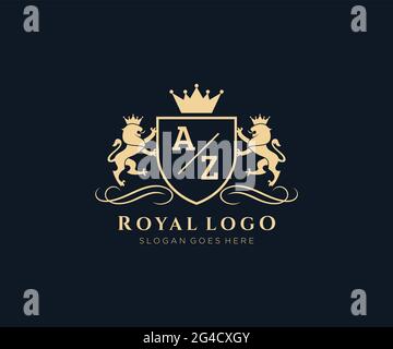 AZ Buchstabe Lion Royal Luxury heraldic, Crest Logo Vorlage in Vektorgrafik für Restaurant, Royalty, Boutique, Cafe, Hotel, Heraldik, Schmuck, Mode und Stock Vektor