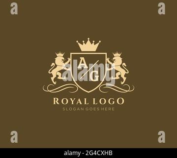 AG Buchstabe Lion Royal Luxury heraldic, Crest Logo Vorlage in Vektorgrafik für Restaurant, Royalty, Boutique, Cafe, Hotel, Heraldik, Schmuck, Mode und Stock Vektor