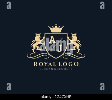 AJ Letter Lion Royal Luxury Heraldik, Crest Logo Vorlage in Vektorgrafik für Restaurant, Royalty, Boutique, Cafe, Hotel, Heraldik, Schmuck, Mode und Stock Vektor