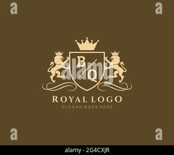 BQ Buchstabe Lion Royal Luxury heraldic, Crest Logo Vorlage in Vektorgrafik für Restaurant, Royalty, Boutique, Cafe, Hotel, Heraldik, Schmuck, Mode und Stock Vektor