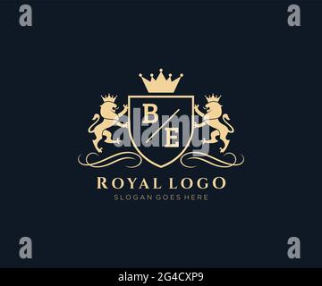 BE Letter Lion Royal Luxury Heraldik, Crest Logo Vorlage in Vektorgrafik für Restaurant, Royalty, Boutique, Cafe, Hotel, Heraldik, Schmuck, Mode und Stock Vektor