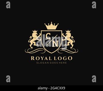 CN Buchstabe Lion Royal Luxury heraldic, Crest Logo Vorlage in Vektorgrafik für Restaurant, Royalty, Boutique, Cafe, Hotel, Heraldik, Schmuck, Mode und Stock Vektor