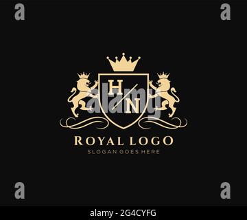 HN Buchstabe Lion Royal Luxury heraldic, Crest Logo Vorlage in Vektorgrafik für Restaurant, Royalty, Boutique, Cafe, Hotel, Heraldik, Schmuck, Mode und Stock Vektor
