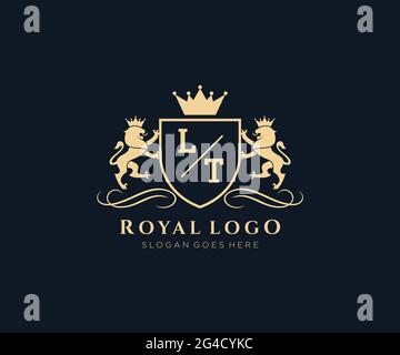 LT Buchstabe Lion Royal Luxury heraldic, Crest Logo Vorlage in Vektorgrafik für Restaurant, Royalty, Boutique, Cafe, Hotel, Heraldik, Schmuck, Mode und Stock Vektor