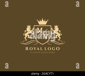 MV Buchstabe Lion Royal Luxury heraldic,Crest Logo Vorlage in Vektorgrafik für Restaurant, Royalty, Boutique, Cafe, Hotel, Heraldik, Schmuck, Mode und Stock Vektor
