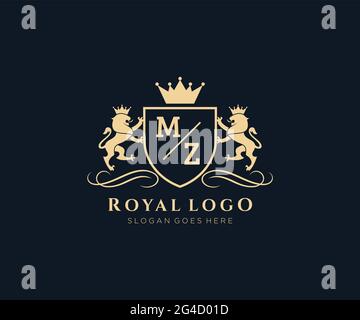 MZ Buchstabe Lion Royal Luxury heraldic, Crest Logo Vorlage in Vektorgrafik für Restaurant, Royalty, Boutique, Cafe, Hotel, Heraldik, Schmuck, Mode und Stock Vektor