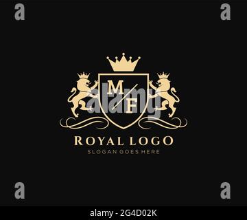 MF Letter Lion Royal Luxury heraldic, Crest Logo Vorlage in Vektorgrafik für Restaurant, Royalty, Boutique, Cafe, Hotel, Heraldik, Schmuck, Mode und Stock Vektor