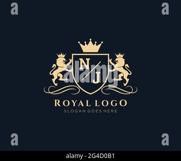 NJ Letter Lion Royal Luxury Heraldik, Crest Logo Vorlage in Vektorgrafik für Restaurant, Royalty, Boutique, Cafe, Hotel, Heraldik, Schmuck, Mode und Stock Vektor