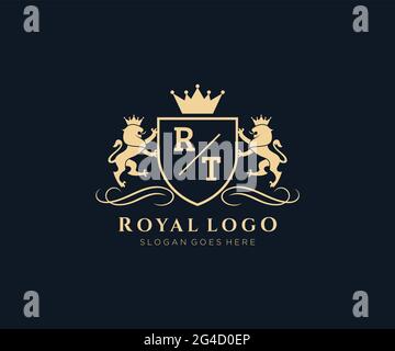 RT Buchstabe Lion Royal Luxury heraldic,Crest Logo Vorlage in Vektorgrafik für Restaurant, Royalty, Boutique, Cafe, Hotel, Heraldik, Schmuck, Mode und Stock Vektor