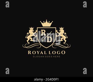 Rd Buchstabe Lion Royal Luxury heraldic, Crest-Logo-Vorlage in Vektorgrafik für Restaurant, Lizenzgebühren, Boutique, Café, Hotel, Heraldik, Schmuck, Mode und Stock Vektor