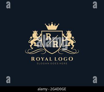 RR Buchstabe Lion Royal Luxury heraldic, Crest Logo Vorlage in Vektorgrafik für Restaurant, Royalty, Boutique, Cafe, Hotel, Heraldik, Schmuck, Mode und Stock Vektor