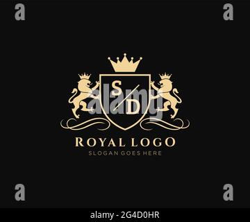 SD Letter Lion Royal Luxury Heraldik, Crest Logo Vorlage in Vektorgrafik für Restaurant, Royalty, Boutique, Cafe, Hotel, Heraldik, Schmuck, Mode und Stock Vektor