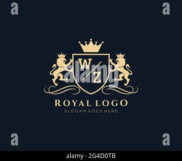 WZ Buchstabe Lion Royal Luxury heraldic, Crest Logo Vorlage in Vektorgrafik für Restaurant, Royalty, Boutique, Cafe, Hotel, Heraldik, Schmuck, Mode und Stock Vektor