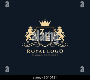 ZE Letter Lion Royal Luxury heraldic, Crest Logo Vorlage in Vektorgrafik für Restaurant, Royalty, Boutique, Cafe, Hotel, Heraldik, Schmuck, Mode und Stock Vektor