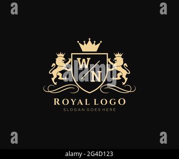 WN Letter Lion Royal Luxury Heraldik, Crest Logo Vorlage in Vektorgrafik für Restaurant, Royalty, Boutique, Cafe, Hotel, Heraldik, Schmuck, Mode und Stock Vektor