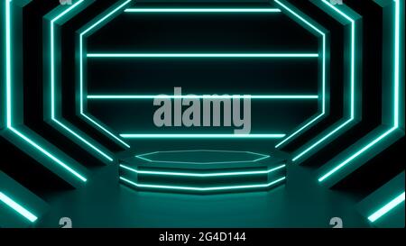 Futuristische Sci-Fi-Mock-up-Szene mit Podium, Showcase-Produkt, 3D-Rendering, 3D-Illustration Stockfoto