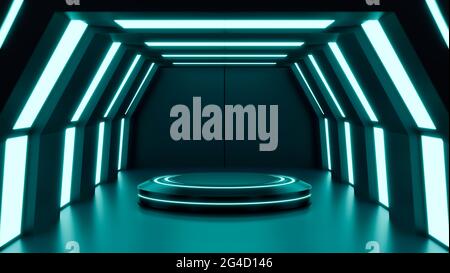 Futuristische Mock-up-Szene mit Podium zur Produktanzeige, abstraktes blaues Neon futuristisches Sci-Fi-Interior-Design Stockfoto