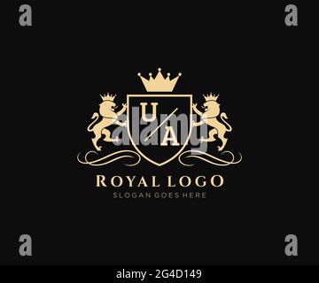 UA Letter Lion Royal Luxury heraldic, Crest Logo Vorlage in Vektorgrafik für Restaurant, Royalty, Boutique, Cafe, Hotel, Heraldik, Schmuck, Mode und Stock Vektor