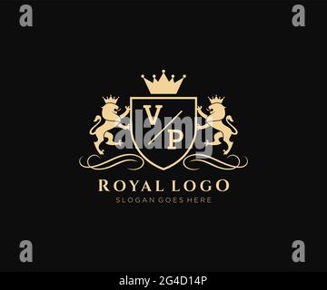 VP Letter Lion Royal Luxury heraldic, Crest-Logo-Vorlage in Vektorgrafik für Restaurant, Lizenzgebühren, Boutique, Café, Hotel, Heraldik, Schmuck, Mode und Stock Vektor