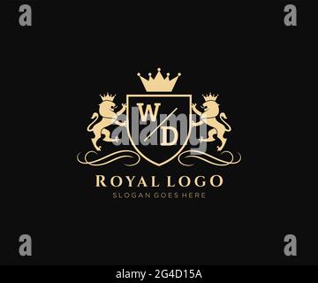 WD Letter Lion Royal Luxury heraldic, Crest Logo Vorlage in Vektorgrafik für Restaurant, Royalty, Boutique, Cafe, Hotel, Heraldik, Schmuck, Mode und Stock Vektor