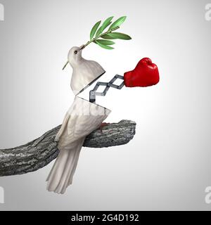 Konzept von Täuschung und Verrat als trügerische Wahrheit oder Lüge und getäuscht als offene Friedenstaube mit einer stanzenden Symbolüberraschung. Stockfoto