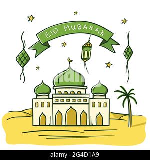 eid mubarak Feier mit Band Dekoration und Moschee Doodle Stil Design Vektor Illustration Stock Vektor