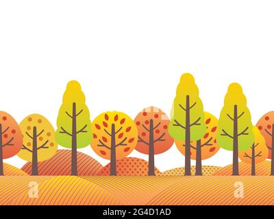 Nahtlose Herbstlandschaft Landschaft mit Bäumen, Grasland und Hügeln in Herbstfarben isoliert auf WEISSEM Hintergrund. Vektorgrafik. Stock Vektor