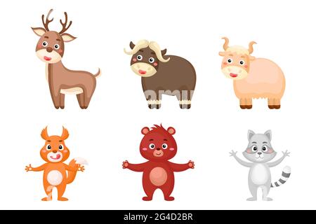 Set von Waldtieren im Cartoon-Stil. Niedliche Tierfiguren für Kinderkarten, Babydusche, Geburtstagseinladung, Hausinterieur. Helles Chi Stock Vektor