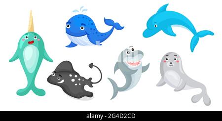 Set von Meerestieren im Cartoon-Stil. Niedliche Tierfiguren für Kinderkarten, Babydusche, Geburtstagseinladung, Hausinterieur. Leuchtend gefärbte Chilischoten Stock Vektor