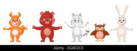 Set von Waldtieren im Cartoon-Stil. Niedliche Tierfiguren für Kinderkarten, Babydusche, Geburtstagseinladung, Hausinterieur. Helles Chi Stock Vektor