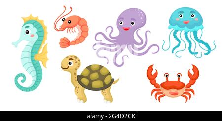 Set von Meerestieren im Cartoon-Stil. Niedliche Tierfiguren für Kinderkarten, Babydusche, Geburtstagseinladung, Hausinterieur. Leuchtend gefärbte Chilischoten Stock Vektor