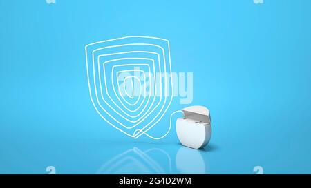 Zahnseide. Zahnschutz. Zahnseide Schild auf blauem Hintergrund. 3d-Rendering. Stockfoto