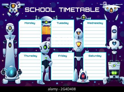 Humanoide Roboter und Androiden Schule Zeitplan Vektor-Vorlage. Wochenplaner Rahmendesign mit künstlicher Intelligenz Cyborgs. Pädagogische Cartoon s Stock Vektor