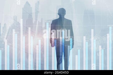 Blue-Chart-Diagramme mit doppelter Belichtung, Finanzdiagramme und -Diagramme. Stockfoto