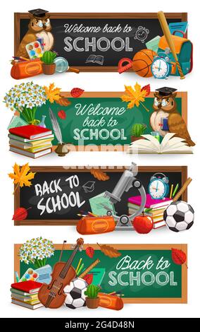 Zurück zur Schulbildung Kreidetafel Banner. Cartoon Vektor Eule Vogel in Kappe, Buch und Schultasche, Wecker, Blumen Bouquet und Aquarellfarben, s Stock Vektor