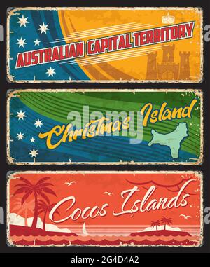 Australian Capital Territory, Christmas and Cocos Islands Territories, Australia States vintage Teller. Vektor Grunge Schilder mit Flagge und Karte, tropica Stock Vektor