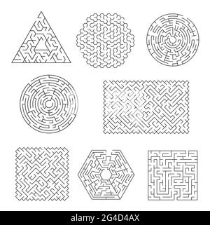 Labyrinth Labyrinth Rätsel, Suche Pfad und Ausgang suchen logisches Spiel. Dreieckig, Kreis und Quadrat, quader, rechteckige Form Labyrinth, Puzzle oder activi Stock Vektor