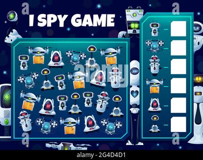 Kids I Spion Spiel mit Robotern, Vektor-Lernpuzzle mit Cyborgs, Androiden und Drohnen-Charaktere. Entwicklung von Rechenkenntnissen und Aufmerksamkeit, Auto Stock Vektor