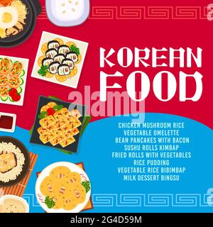 Koreanische Küche mit Hühnerpilz-Reis, Bohnenpfannkuchen mit Speck, Sushi-Brötchen Kimbap. Gebratene Brötchen mit Gemüse, Reispudding, Gemüseomelett Stock Vektor