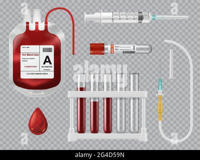 Blutspende, Transfusion und Testgeräte. Realistischer Vektor-Blutbeutel mit roten Zellen, Labor- und Vakuumsammelschlauch, Injektionsset Stock Vektor